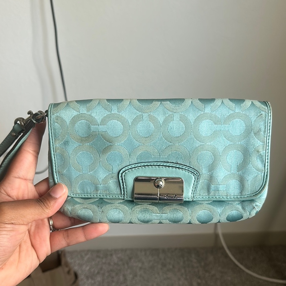 Coach Blue Wristlet Clutch with Signature Design